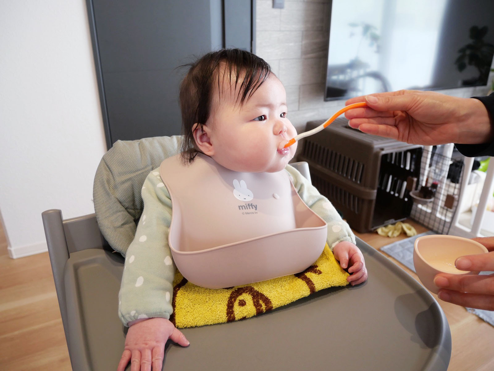スプーンでひとくち食べさせてもらう子ども